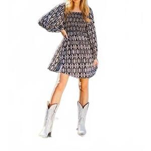 NEW VISION aztec print mini smocked dress in beige